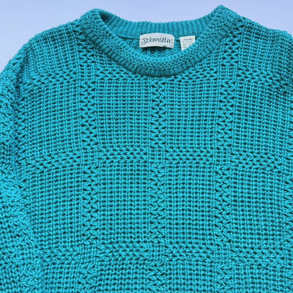 Vintage St. John’s Bay Men’s L Textured Knit Sweater Teal Cotton Blend Retro EUC - Picture 3 of 7